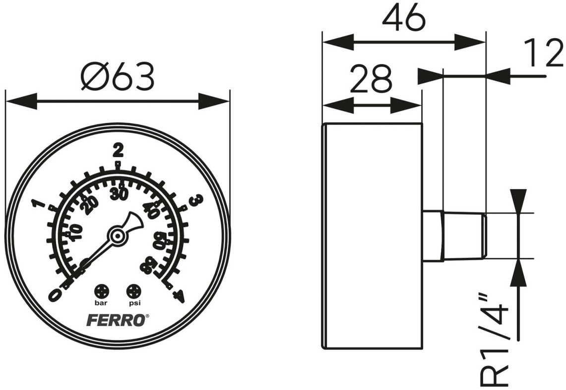 FERRO Manometer 63mm, 0-10 bar, rozmery, TERMOobchod